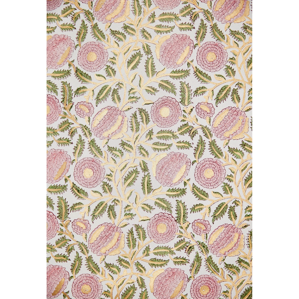 Handmade Indian Cotton Paper- Block Printed Marigold floral pattern with pink flowers and gold vines- full sheet