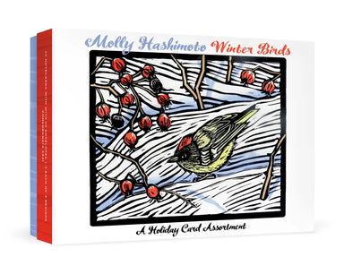 Boxed card assortment titled 'Molly Hashimoto Winter Birds: A Holiday Card Assortment,' showing illustrated winter bird artwork on the front with red berries, a bird in profile, and blue-and-red side panels.