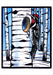 A stylized woodcut-style illustration of a woodpecker holding a nut against a background of birch trees, with bold black outlines and blocks of blue, white, black, red, and tan.