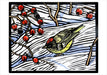 Molly Hashimoto: Winter Birds Holiday Card Assortment- illustration featuring a small bird with yellow and black plumage perched among branches with bright red berries on a snowy white background with black linework.