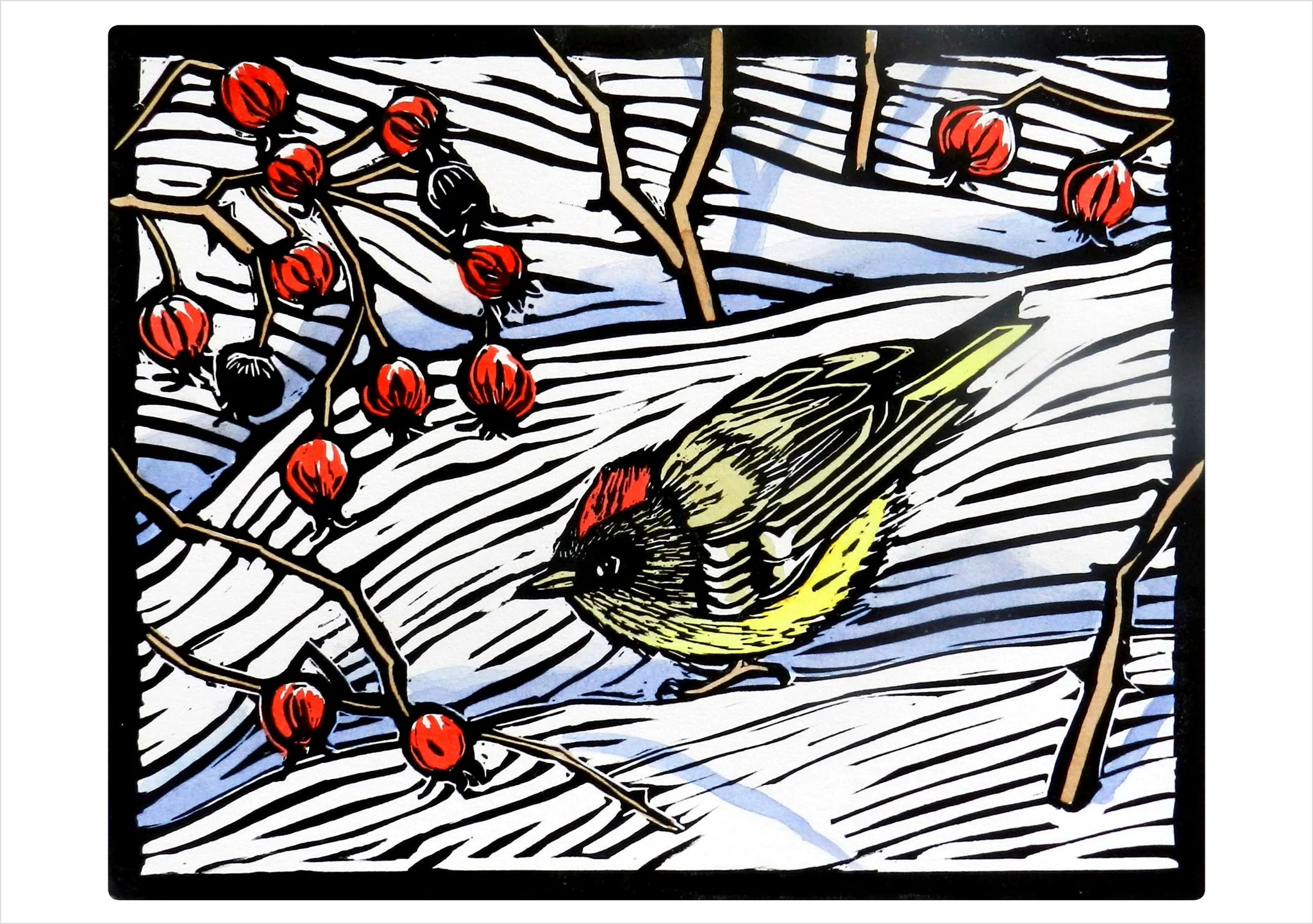 Molly Hashimoto: Winter Birds Holiday Card Assortment- illustration featuring a small bird with yellow and black plumage perched among branches with bright red berries on a snowy white background with black linework.