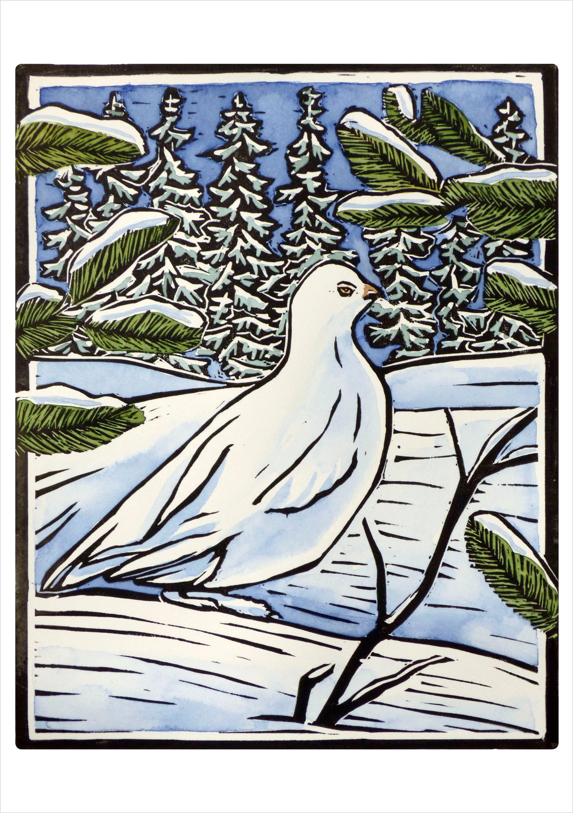 Molly Hashimoto: Winter Birds Holiday Card Assortment- illustration showing a white bird standing in a snowy landscape with evergreen trees and blue sky. The artwork has a black border and is photographed against a white background.