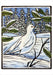 Molly Hashimoto: Winter Birds Holiday Card Assortment- illustration showing a white bird standing in a snowy landscape with evergreen trees and blue sky. The artwork has a black border and is photographed against a white background.