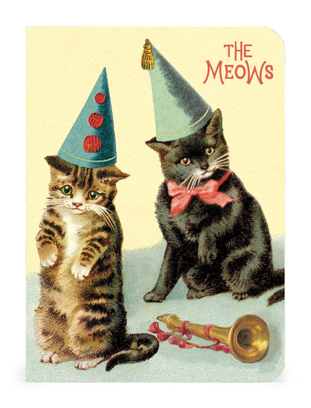 Cavallini & Co. Cats Mini Notebook Set- cover of notebook with two cats wearing party hats with 'The Meows' text on a light yellow background.