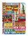 Mini notebook featuring collage of 'New York' text in various fonts and colors with landmarks on a blue background