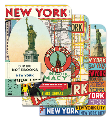 Cavallini & Co. New York City Mini Notebook Set- Three mini notebooks with New York-themed designs featuring the Statue of Liberty and cityscapes.