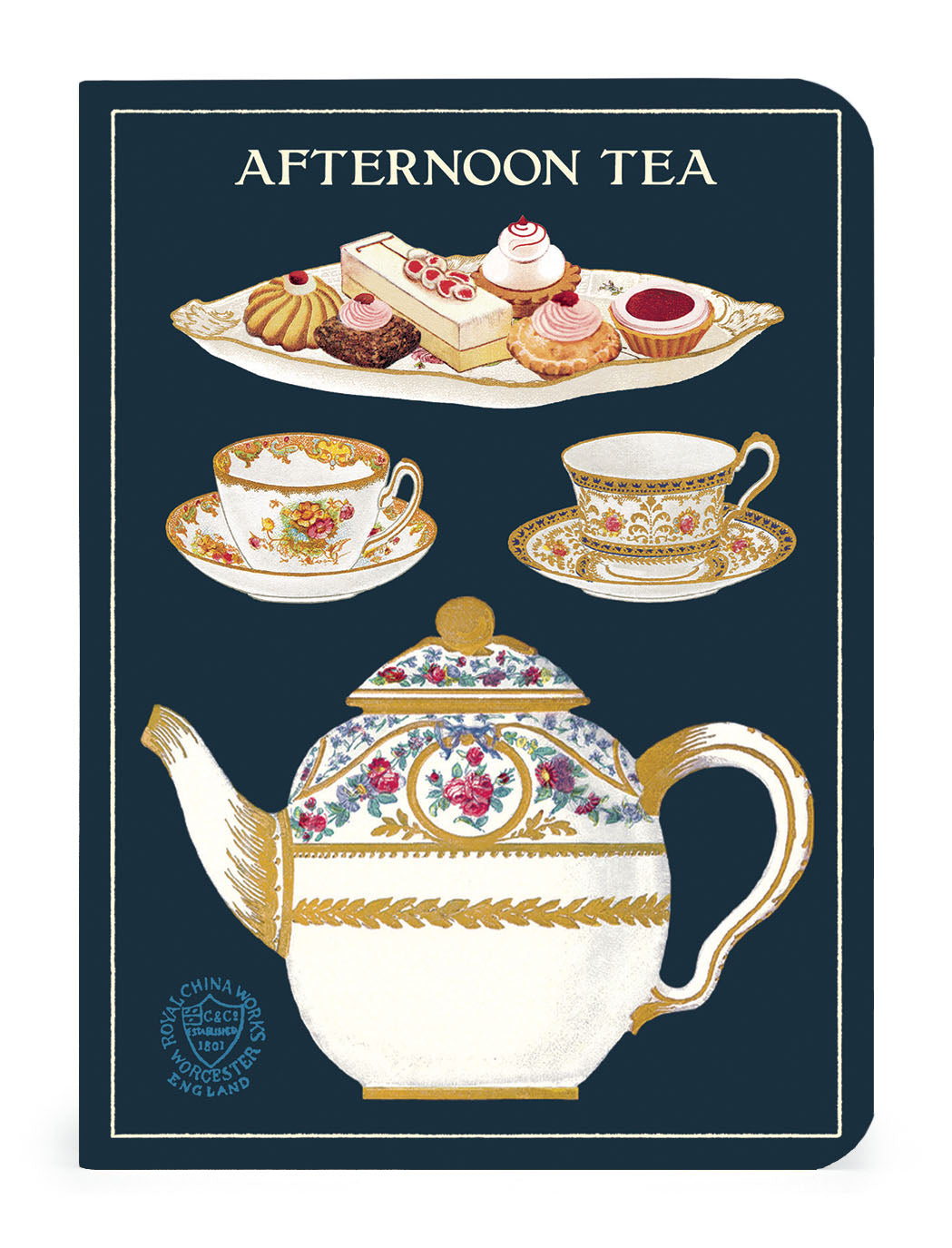 Notebook cover with afternoon tea design featuring teacups, cakes, and a teapot on a dark blue background.