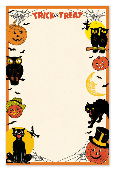 Cavallini & Co. Vintage Halloween Notepad with Halloween-themed border with pumpkins, cats, and an owl on a light background.