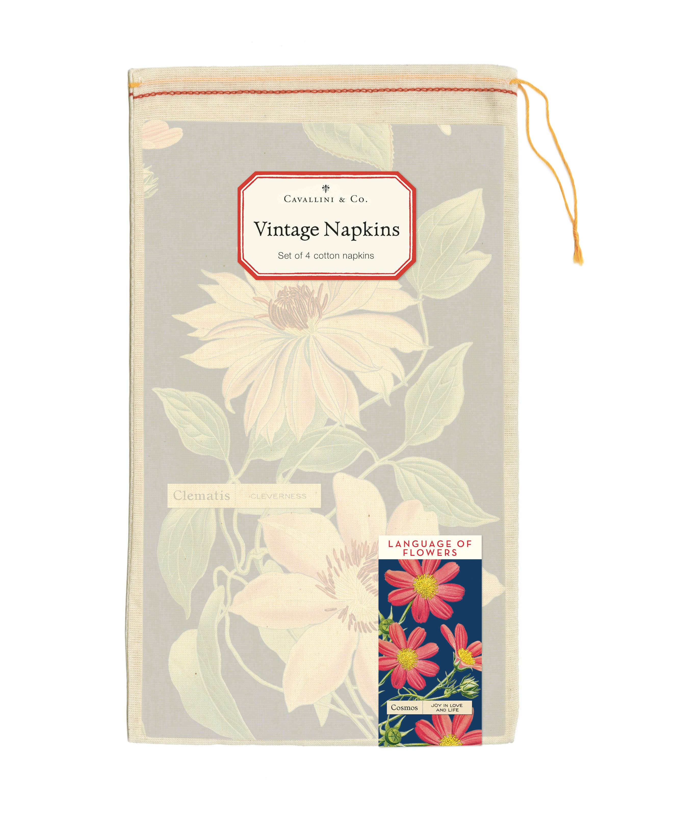 Cavallini & Co. Language of Flowers Cotton Napkins- Set of 4- image of packaging with floral design and brand label on a white background