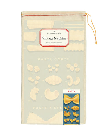 Cavallini & Co. Pasta Cotton Napkins- 4- Pack of vintage-style pasta-themed napkins with illustrations on a light green background.