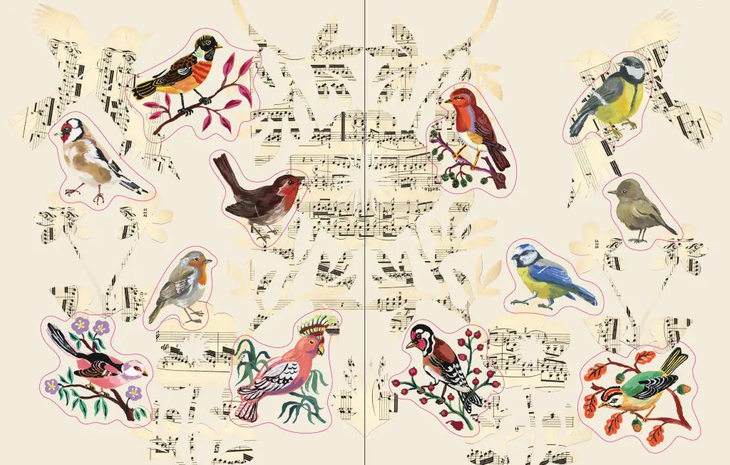 Nathalie Lété Sticker Book- example pages- Stickers of birds on a sheet of music with decorative elements