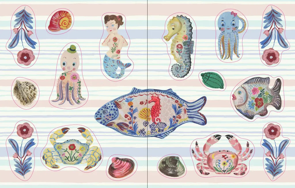 Nathalie Lété Sticker Book- example pages- Illustrated stickers of sea creatures and plants on a striped background