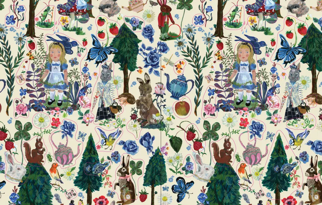 Nathalie Lété Sticker Book- example pages- Colorful fabric pattern with Alice in Wonderland characters, flowers, and animals on a beige background.