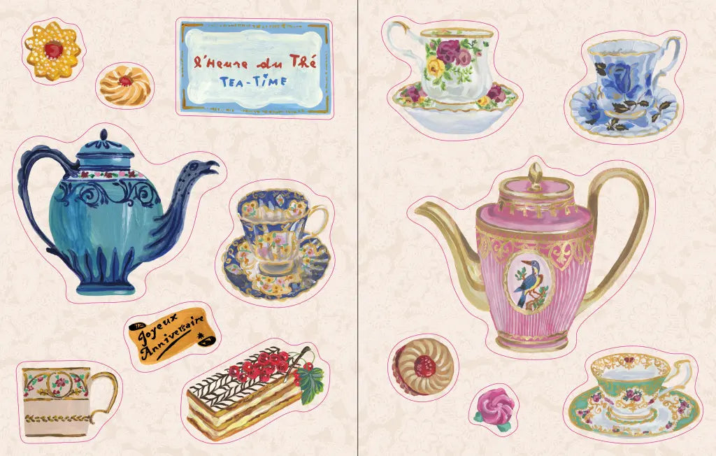 Nathalie Lété Sticker Book- example pages- Collection of vintage-style tea-themed stickers on a beige background