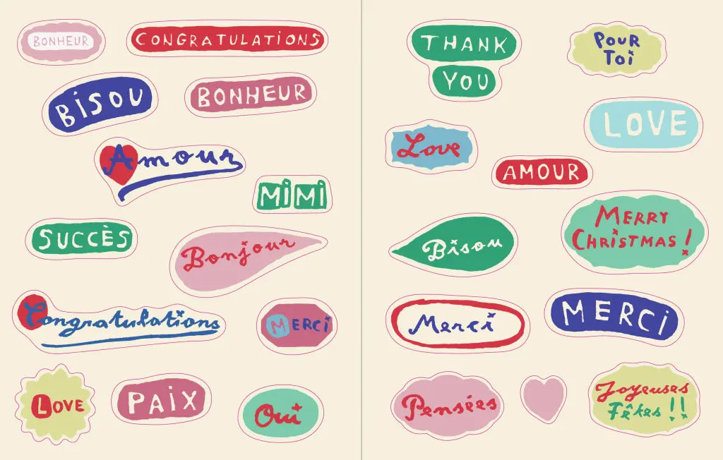Nathalie Lété Sticker Book- example pages- Collection of colorful stickers with various phrases on a beige background