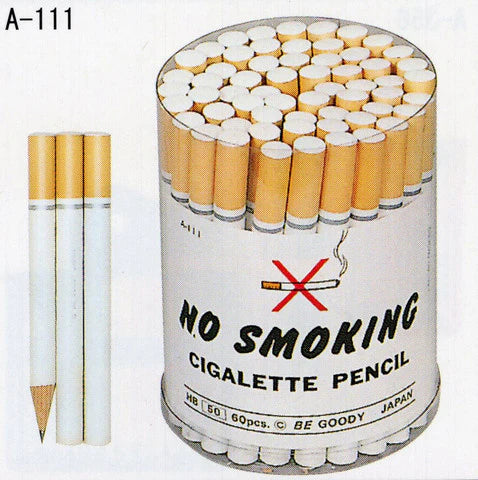 "No Smoking" Single Cigarette-shaped Pencil- image showing cylindrical container of 'No Smoking Cigalette Pencil' with cigarettes on a white background