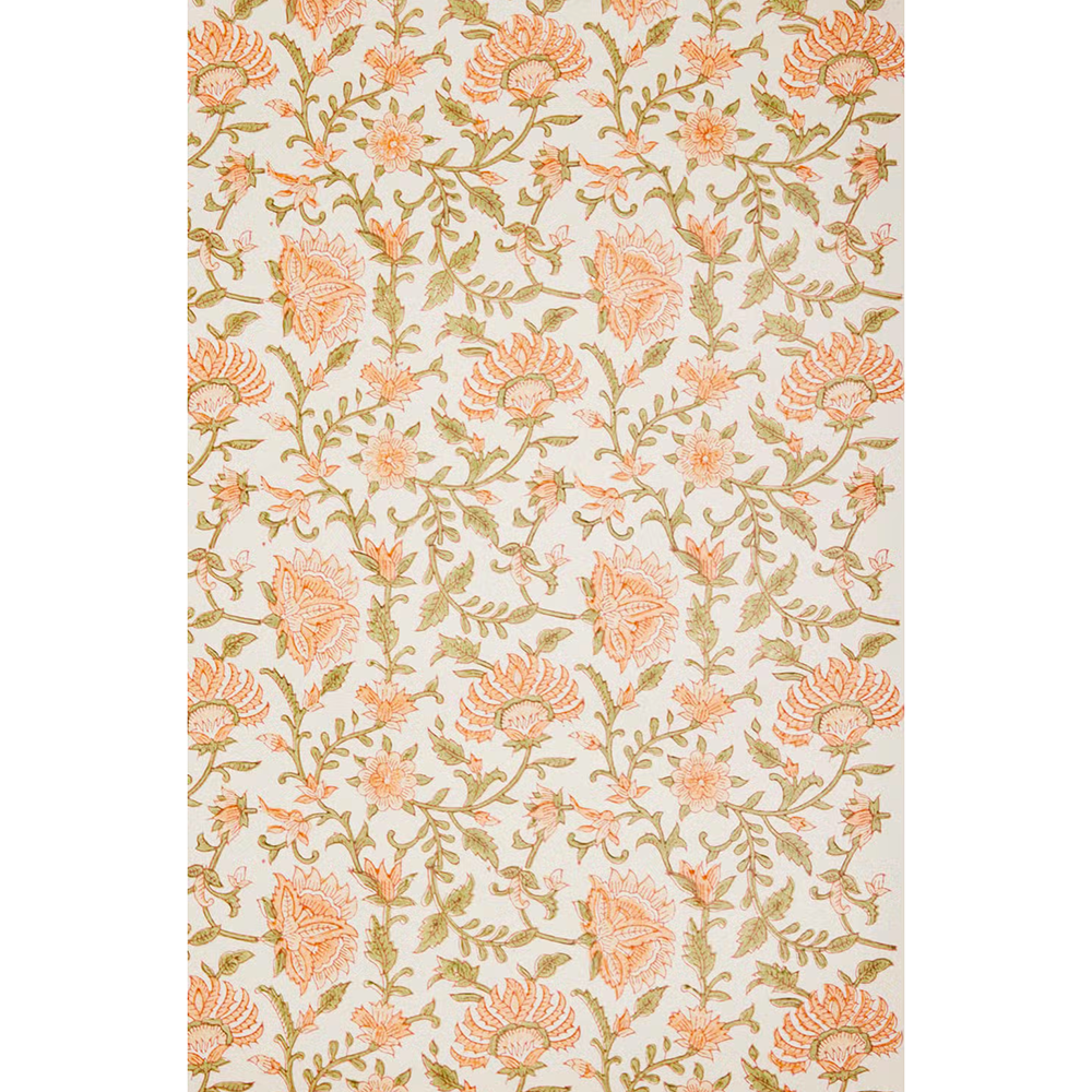 Block printed foral flowers with green leaves on white background- full sheet