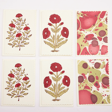 Boxed notecard set scarlet and green floral and marbled pattern-6 cards shown 