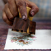 Hand Block Printed Single Card- Pomegrantes and Birds-mint, rose  and gold ink  with hands showing block printed process