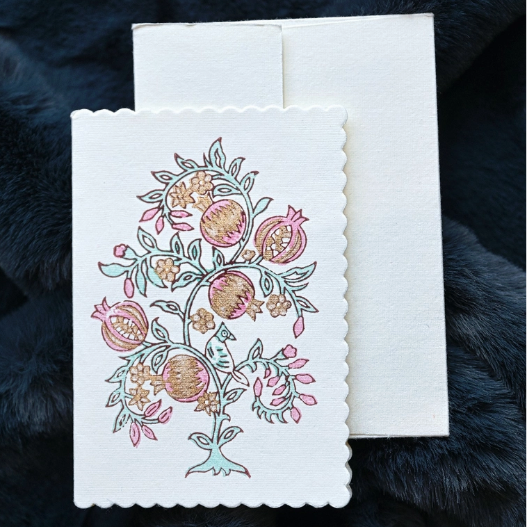 Hand Block Printed Single Card- Pomegrantes and Birds- Mint Rose and gold ink  showing scallop edge and envelope