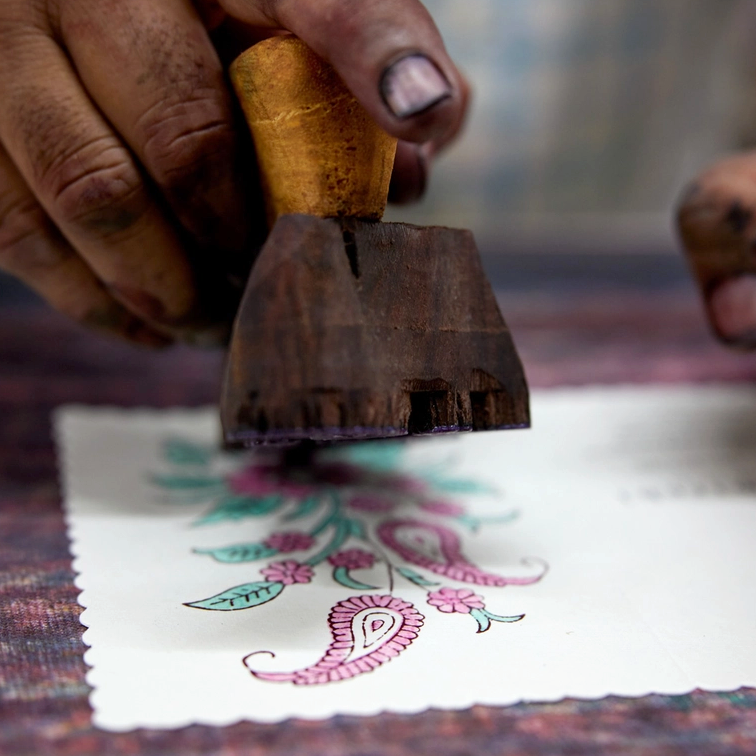 Hand Block Printed Single Card- Paisley bouquet-  mint rose ink with hands showing block printed process final step