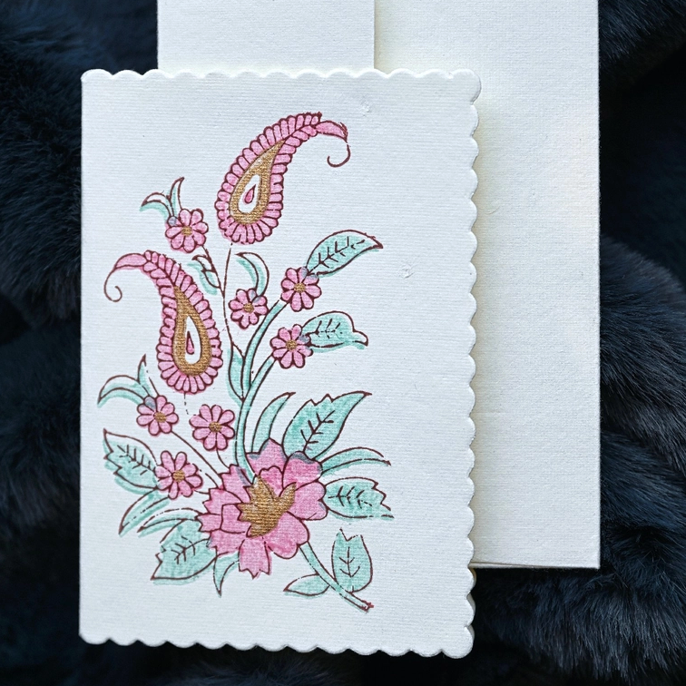 Hand Block Printed Single Card- Paisly bouquet- Mint Rose and gold ink  showing scallop edge and envelope