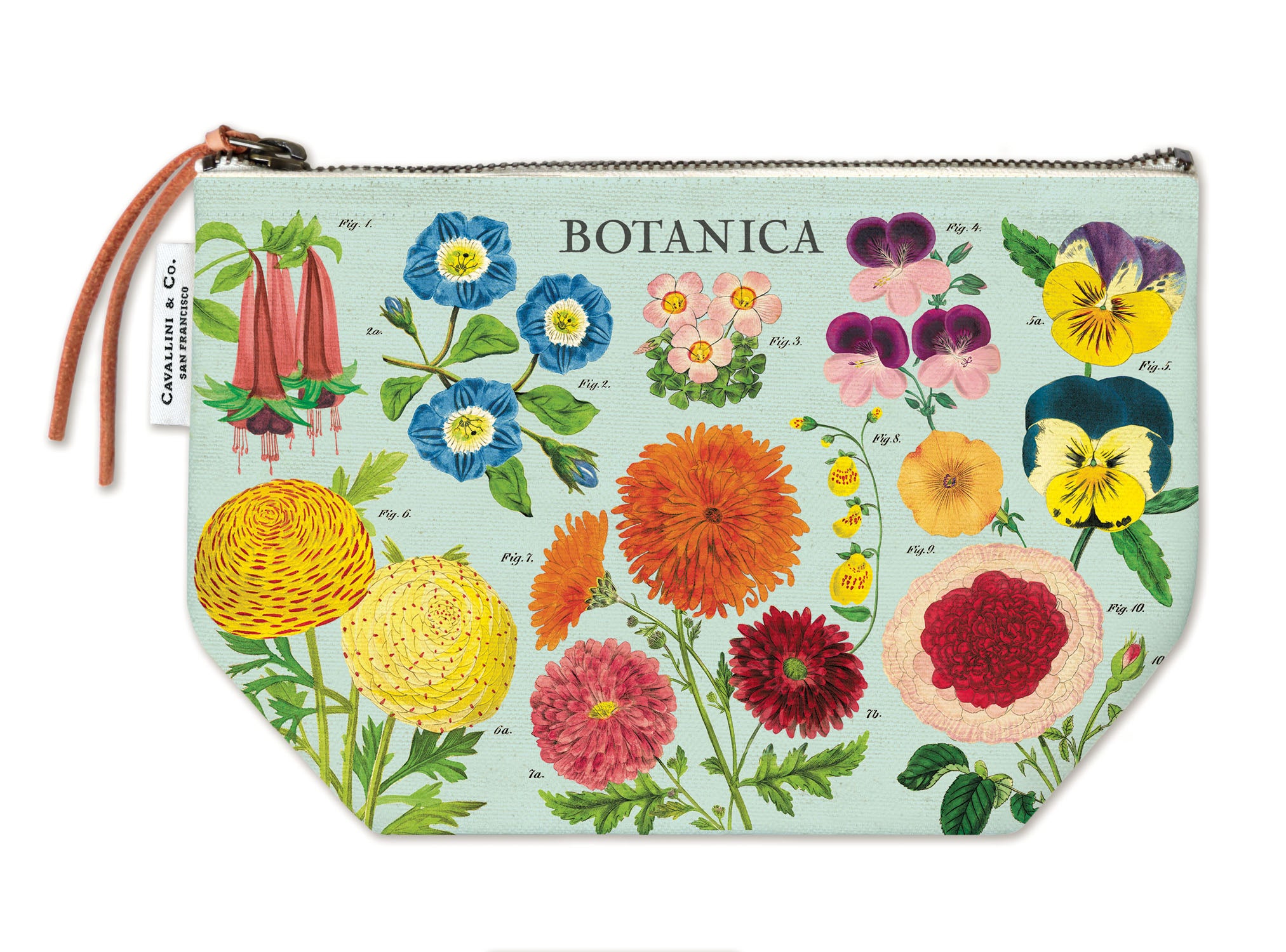 Cavallini & Co. Botanica Vintage Pouch- a floral pouch with 'Botanica' text on a light blue background