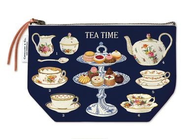 Pouch with tea-themed design featuring teacups, teapots, and pastries on a navy background.