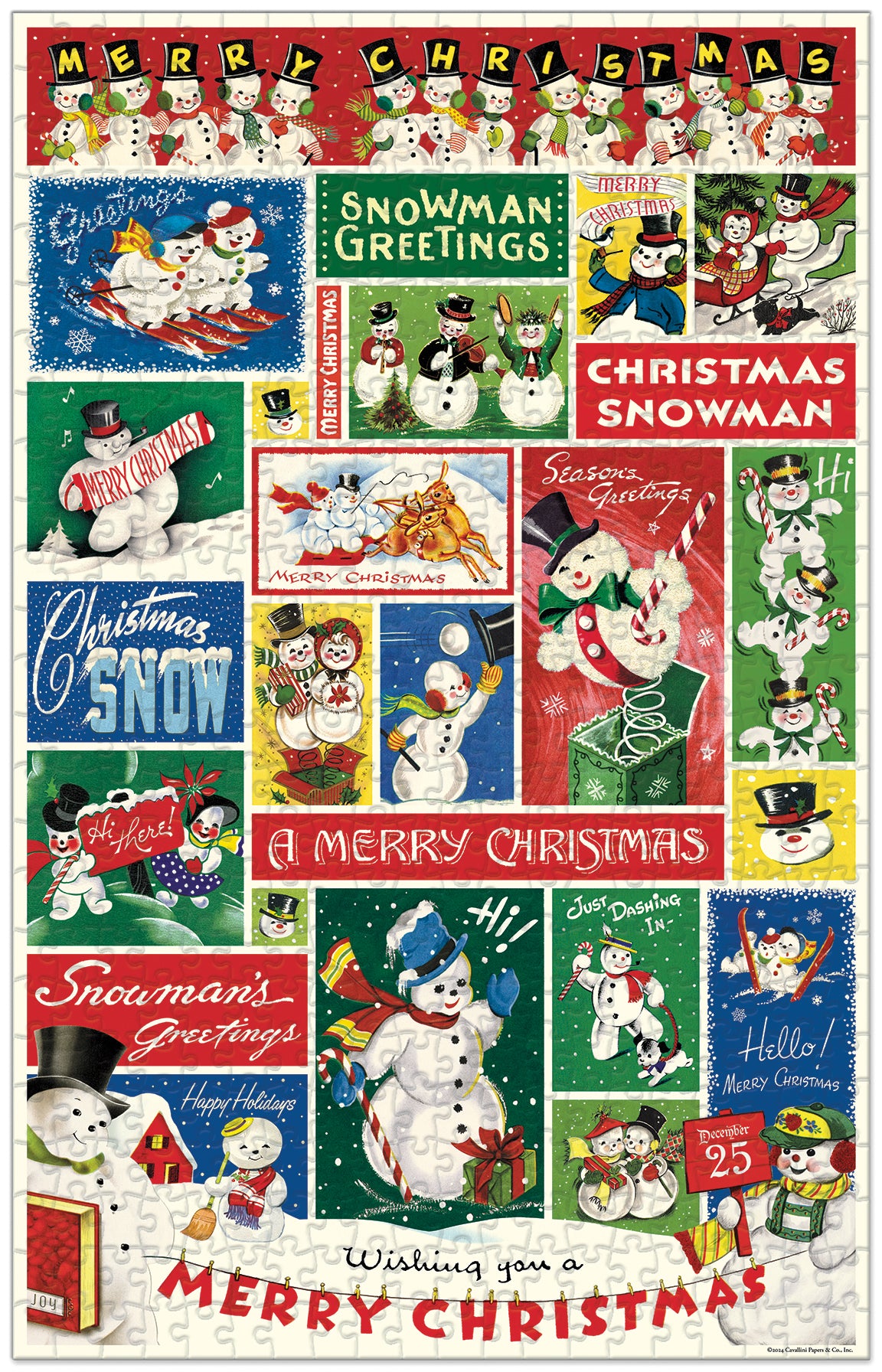 Cavallini & Co. Snowman 500 Piece Holiday Puzzle showing finished puzzle 