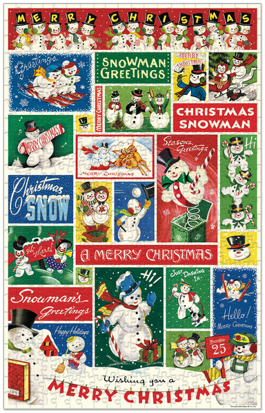 Cavallini & Co. Snowman 500 Piece Holiday Puzzle showing finished puzzle 