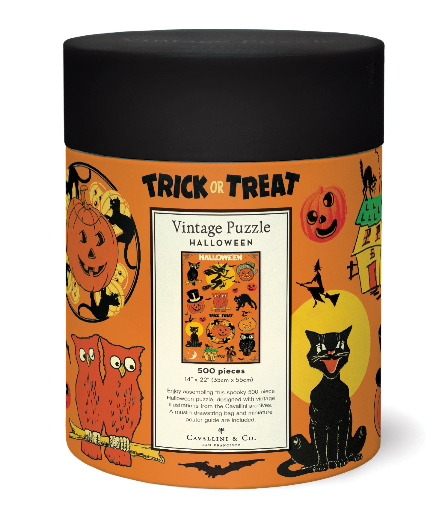 Cavallini & Co. Halloween 500 Piece Puzzle- image of back of package.  The orange label features classic Halloween illustrations including pumpkins, a black cat in a yellow moon, an owl, and the text 'TRICK OR TREAT' and 'Vintage Puzzle HALLOWEEN'.