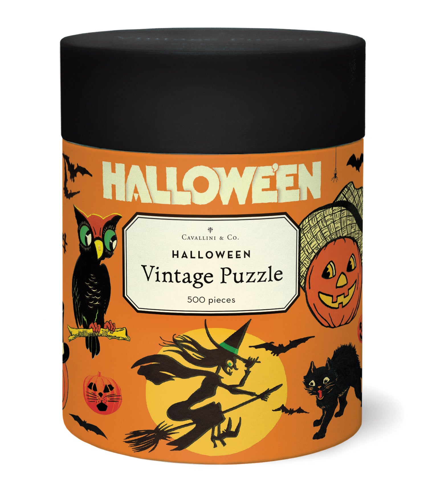 'Halloween Vintage Puzzle' by Cavallini & Co., featuring a black lid and an orange label decorated with classic Halloween illustrations including a witch, cat, owl, and jack-o'-lantern.