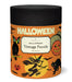 'Halloween Vintage Puzzle' by Cavallini & Co., featuring a black lid and an orange label decorated with classic Halloween illustrations including a witch, cat, owl, and jack-o'-lantern.
