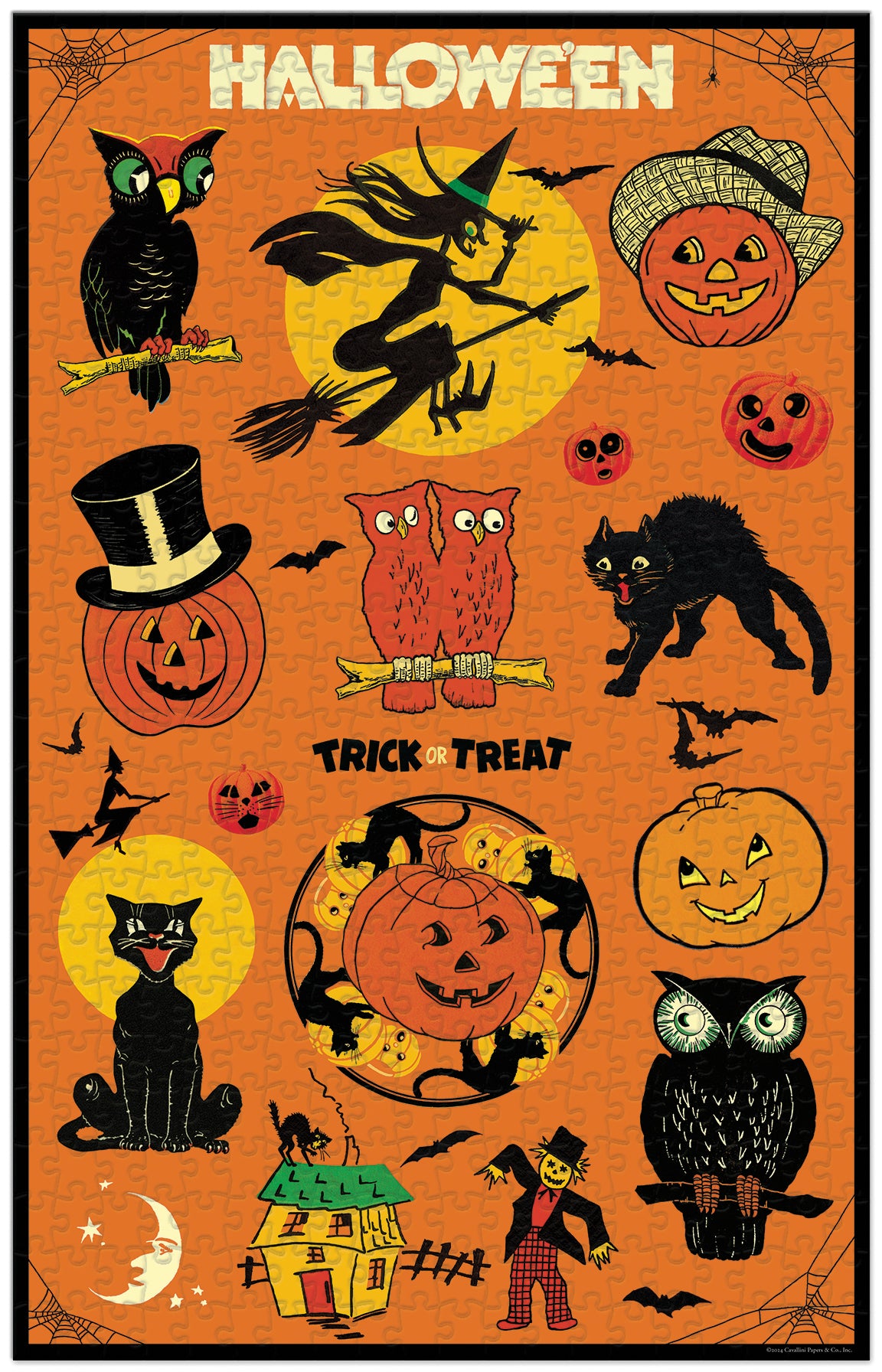 Cavallini & Co. Halloween 500 Piece Puzzle- finished puzzle image showing a witch on a broomstick, jack-o'-lanterns, owls, a black cat, bats, a haunted house, and the words 'HALLOWEEN' and 'TRICK OR TREAT' on an orange background.