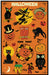 Cavallini & Co. Halloween 500 Piece Puzzle- finished puzzle image showing a witch on a broomstick, jack-o'-lanterns, owls, a black cat, bats, a haunted house, and the words 'HALLOWEEN' and 'TRICK OR TREAT' on an orange background.