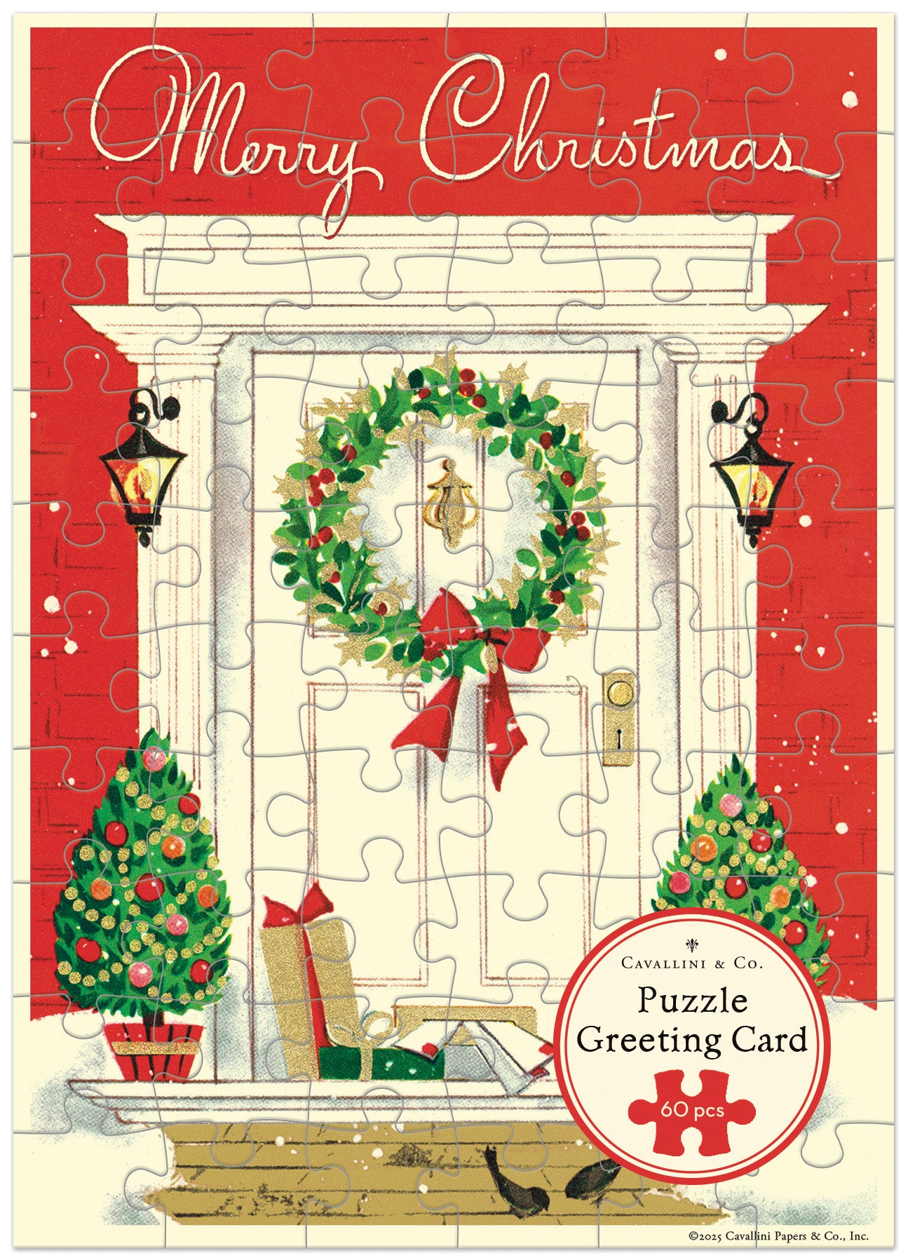Merry Christmas puzzle greeting card with a wreath, trees, and presents on a red background.