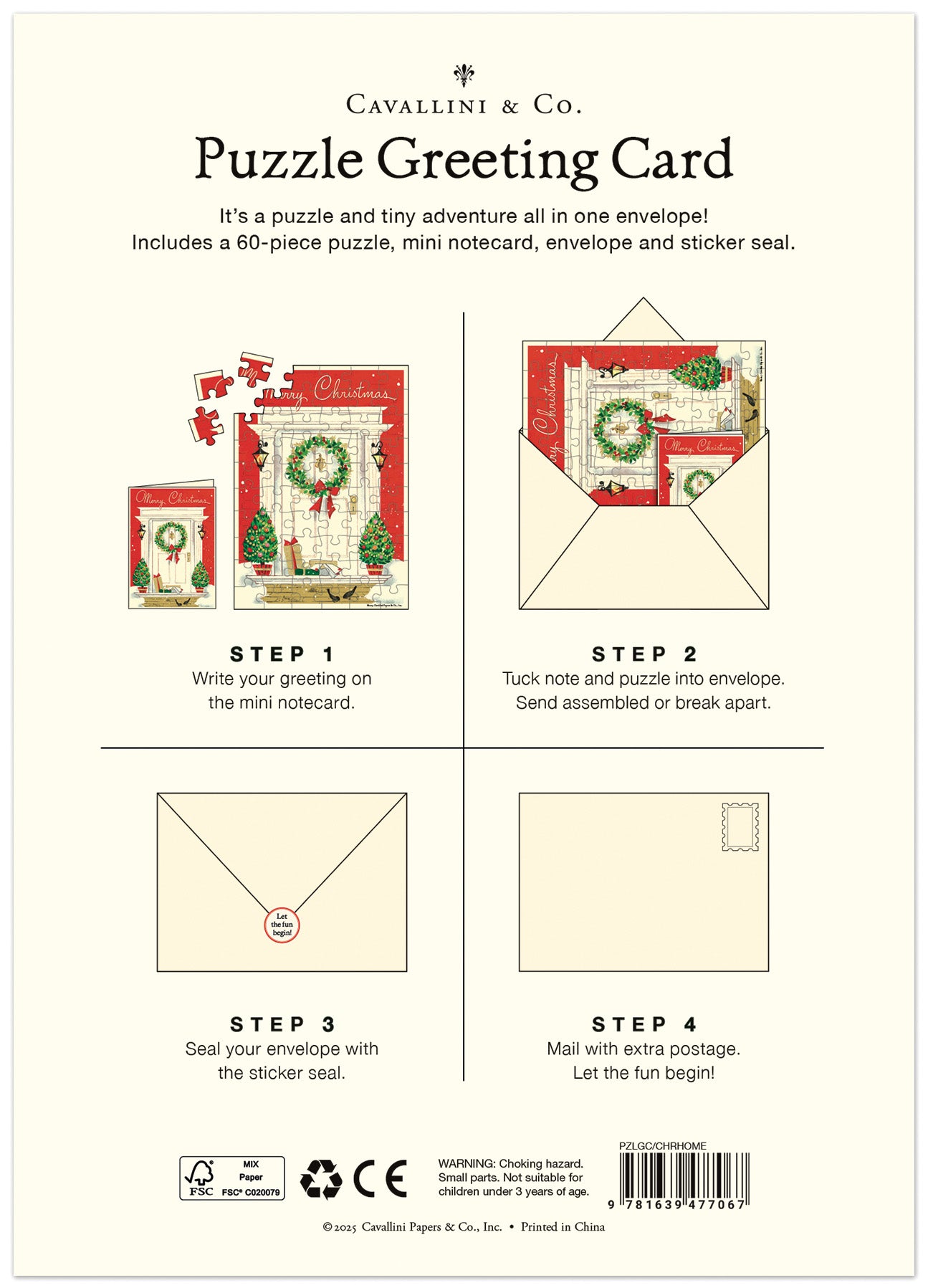Cavallini & Co. Puzzle Greeting Card packaging with step-by-step instructions on a white background.