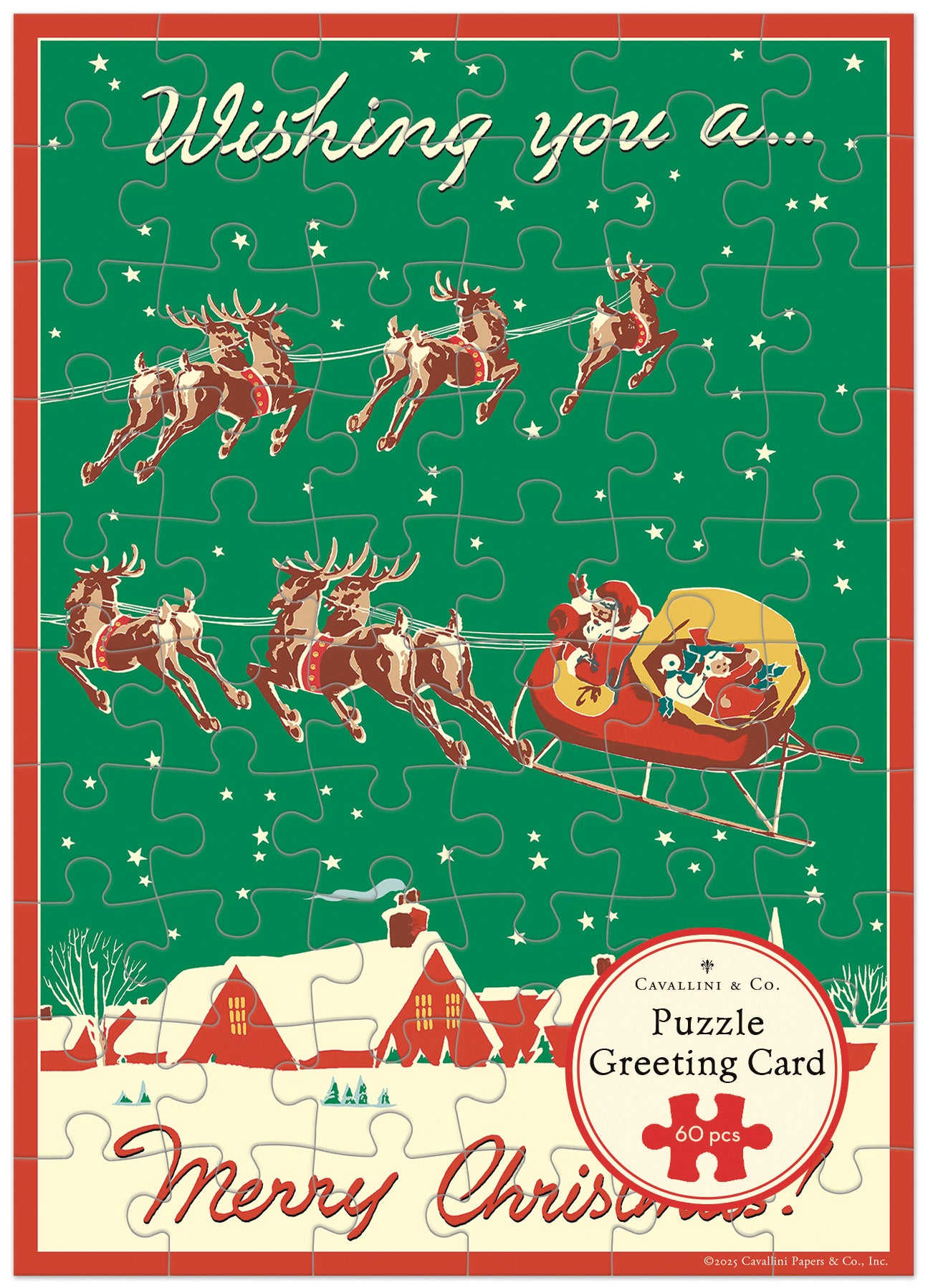 Christmas puzzle greeting card with Santa and reindeer design on a green background