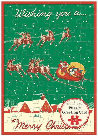 Christmas puzzle greeting card with Santa and reindeer design on a green background