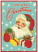 Vintage-style Christmas puzzle greeting card with Santa Claus and presents on a blue background