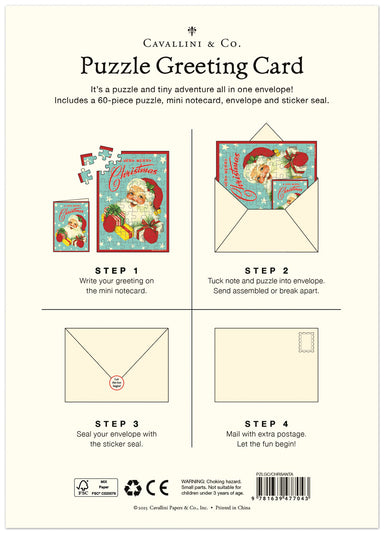 Instructions for using a Cavallini & Co. puzzle greeting card with Santa Claus design.