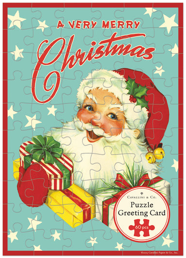 Vintage-style Christmas greeting card puzzle with Santa Claus and presents on a blue background