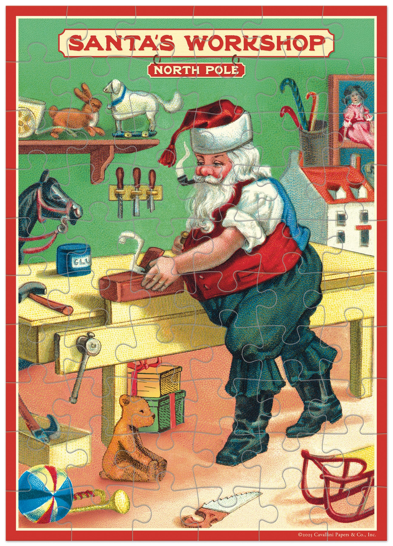 Cavallini & Co. Santa's Workshop Puzzle Greeting Card- Vintage-style puzzle greeting card of Santa Claus in his workshop at the North Pole