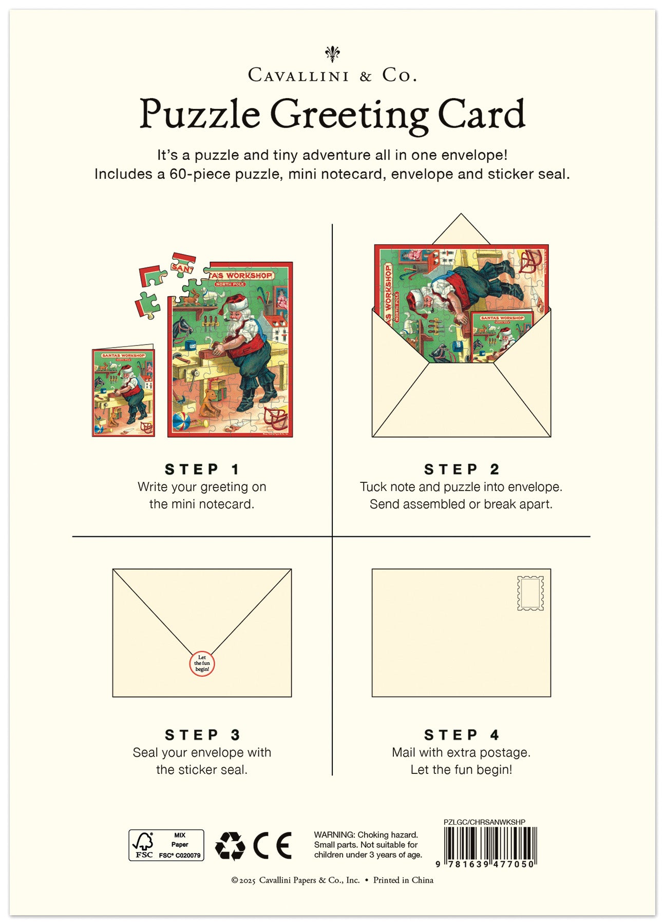 Cavallini & Co. Puzzle Greeting Card packaging with step-by-step instructions on a white background
