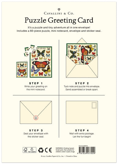 Cavallini & Co. Puzzle Greeting Card packaging with butterfly design and assembly instructions.