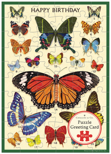 Cavallini & Co. Happy Birthday Butterflies Puzzle Greeting Card- featuring the text 'Happy Birthday' 