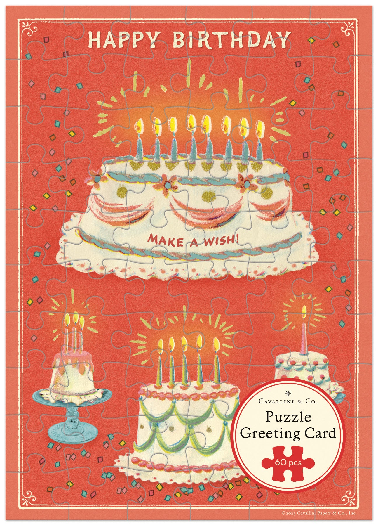 Cavallini & Co. Happy Birthday Cake Puzzle Greeting Card- Puzzle packaging with a birthday cake illustration and 'Happy Birthday' text on a red background.