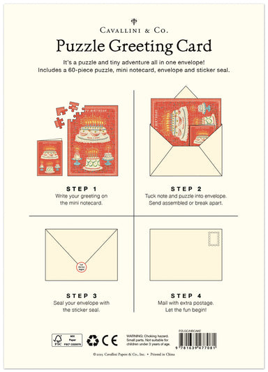 Cavallini & Co. Puzzle Greeting Card packaging with step-by-step instructions on a white background.