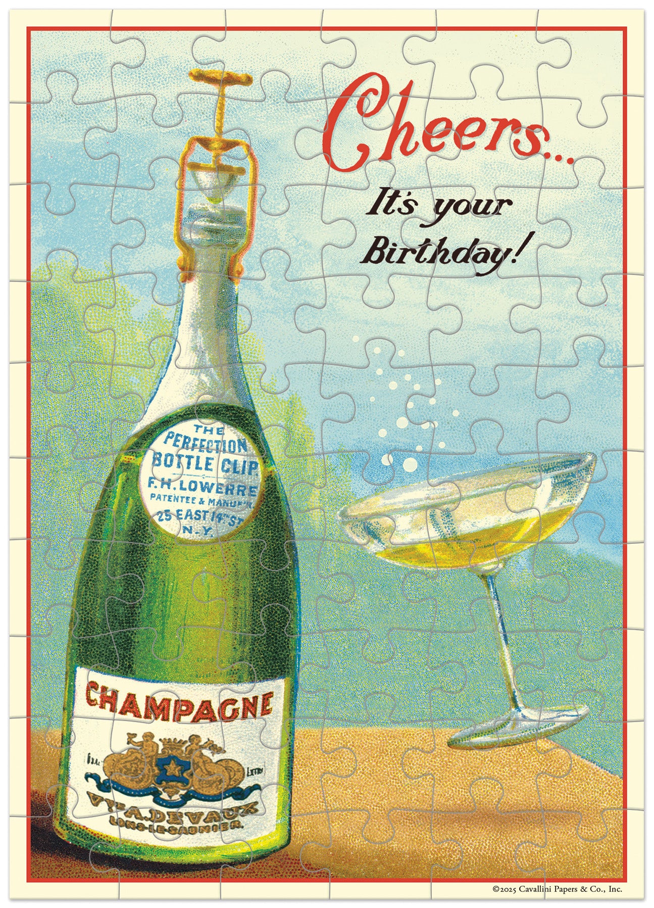 Vintage-style birthday card puzzle with a bottle of champagne and a glass, featuring the text 'Cheers... It's your Birthday!'.