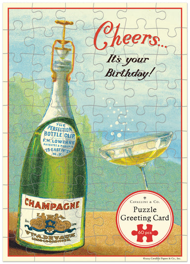Cavallini & Co. Happy Birthday Champagne Puzzle Greeting Card- Birthday puzzle card with champagne bottle and glass, featuring the text 'Cheers... It's your Birthday!'